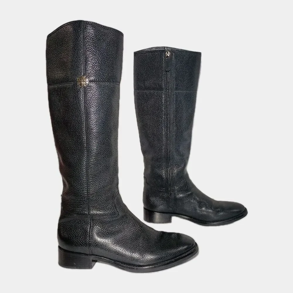 Tory Burch Jolie Riding Boots Shoes Womens Size 8M Black Grain Pebbled Leather
